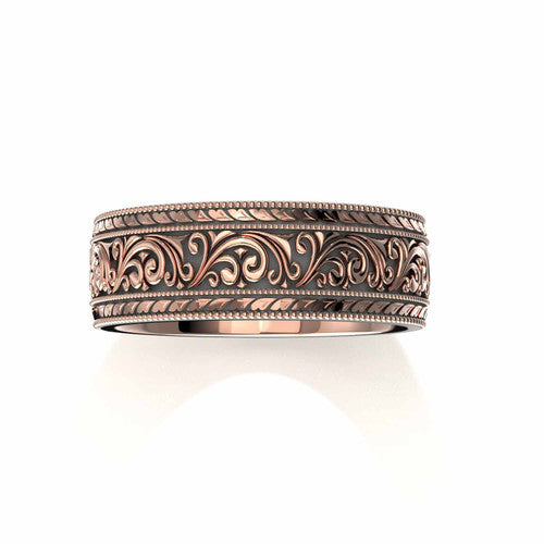 Elegant 14K rose gold men's wedding ring with vintage-inspired scrollwork and engraved border accents