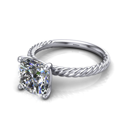 Claire cushion classic solitaire engagement ring in 14K White Gold — three-quarter perspective showing the cushion-cut center diamond, 4-prong setting, and twisted rope shank