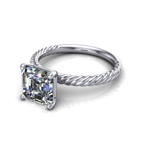 Claire square emerald classic solitaire engagement ring in 18K White Gold — three-quarter perspective showing the square emerald-cut (Asscher-style) center diamond, 4-prong setting, and twisted rope shank