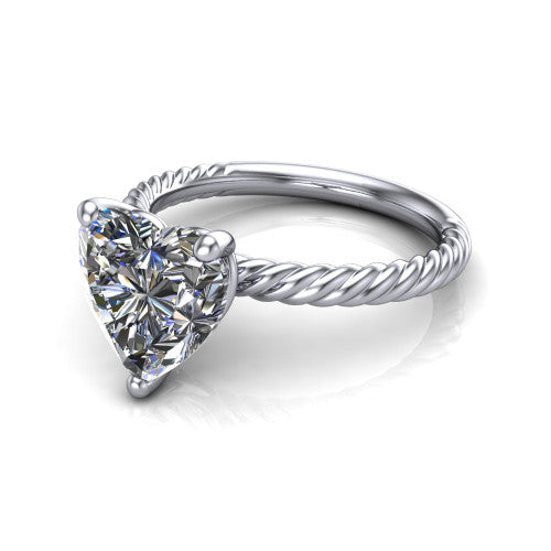 Claire heart classic solitaire engagement ring in Platinum — three-quarter perspective showing the heart-cut center diamond, 4-prong setting, and twisted rope shank