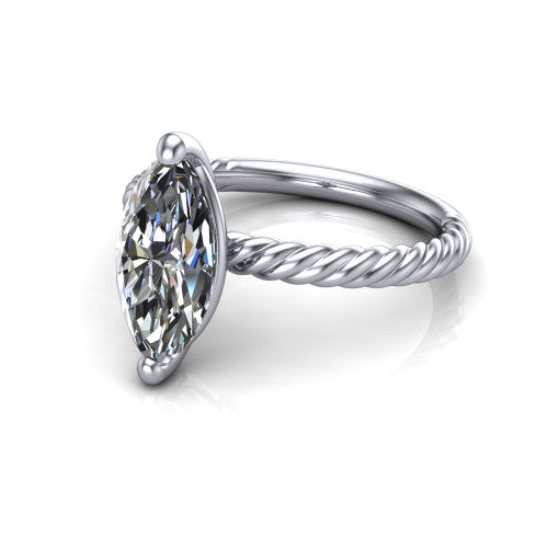 Claire marquise classic solitaire engagement ring in Platinum — three-quarter perspective showing the marquise-cut center diamond, 4-prong setting, and twisted rope shank