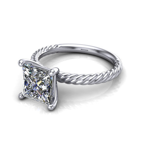 Claire princess classic solitaire engagement ring in 18K White Gold — three-quarter perspective showing the princess-cut center diamond, 4-prong setting, and twisted rope shank