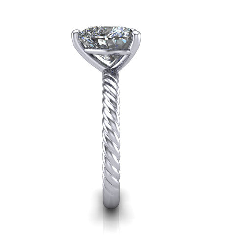Claire heart classic solitaire engagement ring in Platinum — side profile showing the twisted rope shank flowing into the cathedral gallery and 4-prong setting