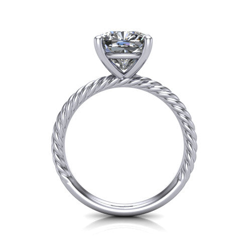Claire cushion classic solitaire engagement ring in Platinum — through-finger front profile showing the open cathedral under-gallery and rope band sides