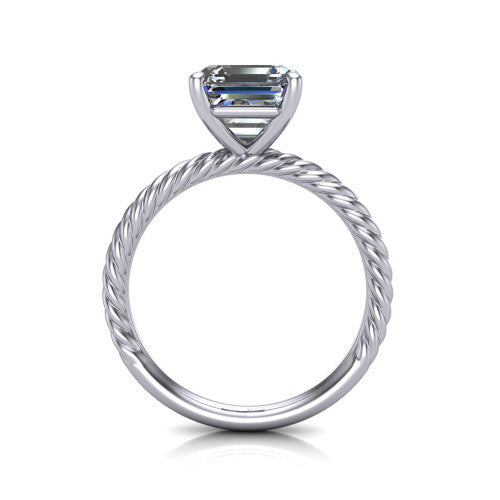 Claire square emerald classic solitaire engagement ring in Platinum — through-finger front profile showing the open cathedral under-gallery and rope band sides