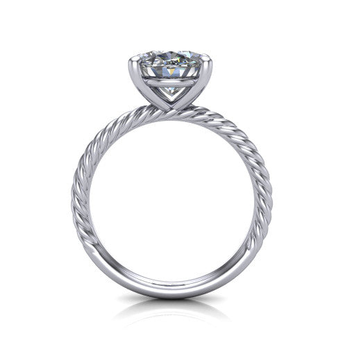 Claire oval classic solitaire engagement ring in 14K White Gold — through-finger front profile showing the open cathedral under-gallery and rope band sides