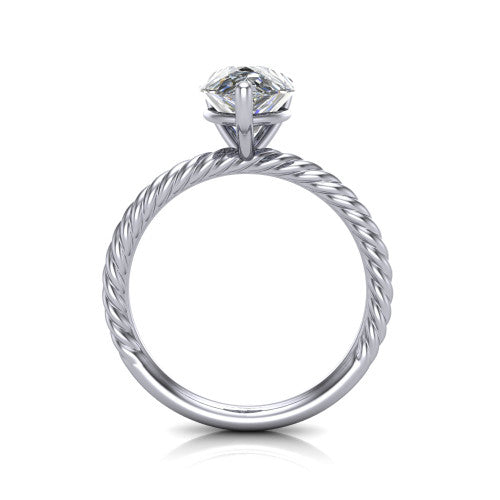 Claire pear classic solitaire engagement ring in Platinum — through-finger front profile showing the open cathedral under-gallery and rope band sides