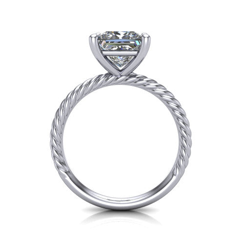Claire princess classic solitaire engagement ring in 18K White Gold — through-finger front profile showing the open cathedral under-gallery and rope band sides