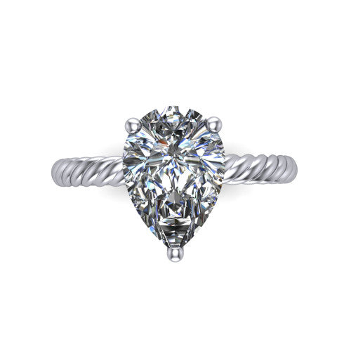 Claire pear classic solitaire engagement ring in Platinum — top-down view showing the pear-cut center stone and four prongs