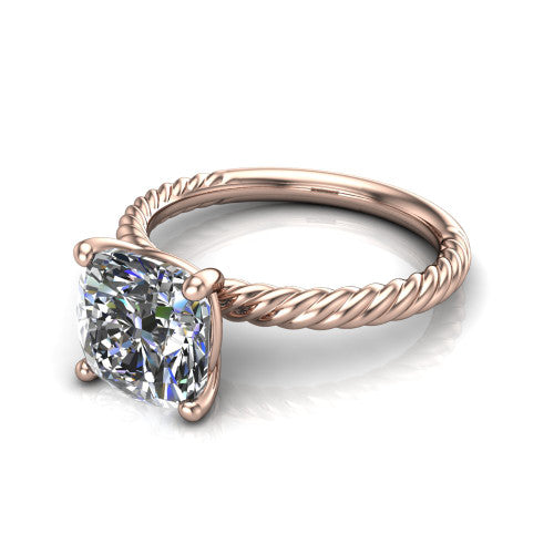 Claire cushion classic solitaire engagement ring in 18K Rose Gold — three-quarter perspective showing the cushion-cut center diamond, 4-prong setting, and twisted rope shank