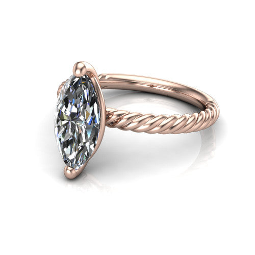 Claire marquise classic solitaire engagement ring in 18K Rose Gold — three-quarter perspective showing the marquise-cut center diamond, 4-prong setting, and twisted rope shank