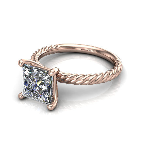 Claire princess classic solitaire engagement ring in 14K Rose Gold — three-quarter perspective showing the princess-cut center diamond, 4-prong setting, and twisted rope shank