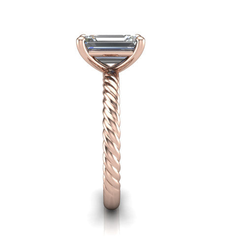 Claire emerald classic solitaire engagement ring in 18K Rose Gold — side profile showing the twisted rope shank flowing into the cathedral gallery and 4-prong setting
