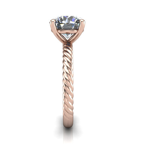 Claire round classic solitaire engagement ring in 14K Rose Gold — side profile showing the twisted rope shank flowing into the cathedral gallery and 4-prong setting