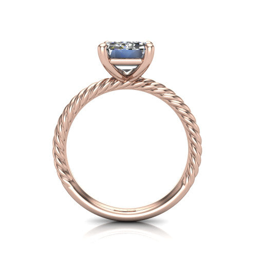 Claire emerald classic solitaire engagement ring in 14K Rose Gold — through-finger front profile showing the open cathedral under-gallery and rope band sides