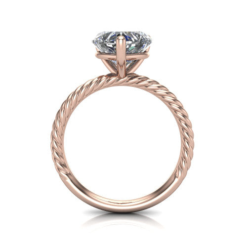 Claire heart classic solitaire engagement ring in 18K Rose Gold — through-finger front profile showing the open cathedral under-gallery and rope band sides