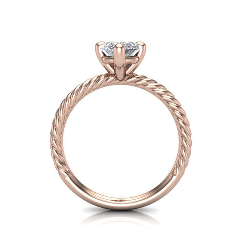 Claire marquise classic solitaire engagement ring in 18K Rose Gold — through-finger front profile showing the open cathedral under-gallery and rope band sides