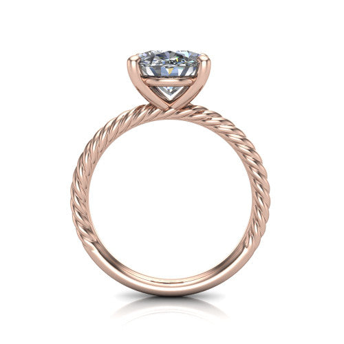 Claire oval classic solitaire engagement ring in 18K Rose Gold — through-finger front profile showing the open cathedral under-gallery and rope band sides