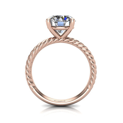 Claire round classic solitaire engagement ring in 18K Rose Gold — through-finger front profile showing the open cathedral under-gallery and rope band sides
