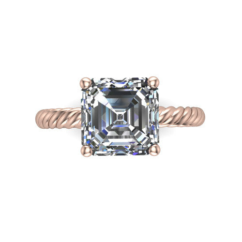 Claire square emerald classic solitaire engagement ring in 18K Rose Gold — through-finger front profile showing the open cathedral under-gallery and rope band sides
