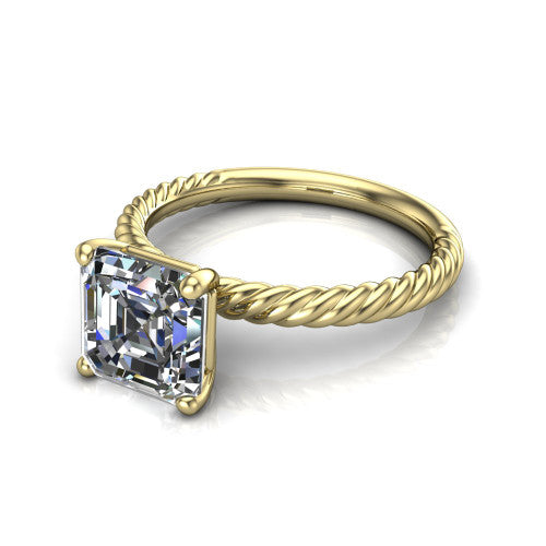 Claire square emerald classic solitaire engagement ring in 14K Yellow Gold — three-quarter perspective showing the square emerald-cut (Asscher-style) center diamond, 4-prong setting, and twisted rope shank