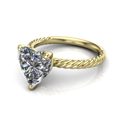 Claire heart classic solitaire engagement ring in 14K Yellow Gold — three-quarter perspective showing the heart-cut center diamond, 4-prong setting, and twisted rope shank