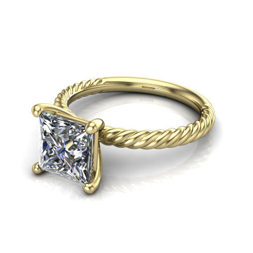 Claire princess classic solitaire engagement ring in 18K Yellow Gold — three-quarter perspective showing the princess-cut center diamond, 4-prong setting, and twisted rope shank