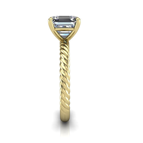 Claire square emerald classic solitaire engagement ring in 18K Yellow Gold — side profile showing the twisted rope shank flowing into the cathedral gallery and 4-prong setting