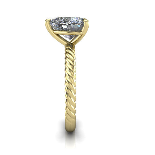 Claire heart classic solitaire engagement ring in 18K Yellow Gold — side profile showing the twisted rope shank flowing into the cathedral gallery and 4-prong setting