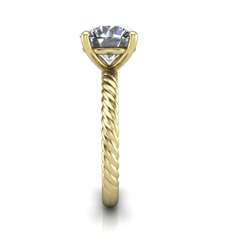 Claire round classic solitaire engagement ring in 14K Yellow Gold — side profile showing the twisted rope shank flowing into the cathedral gallery and 4-prong setting