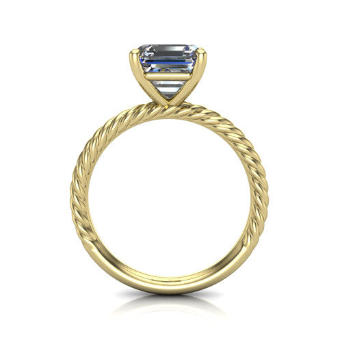 Claire square emerald classic solitaire engagement ring in 18K Yellow Gold — through-finger front profile showing the open cathedral under-gallery and rope band sides