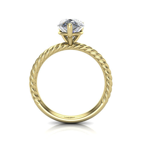 Claire pear classic solitaire engagement ring in 18K Yellow Gold — through-finger front profile showing the open cathedral under-gallery and rope band sides