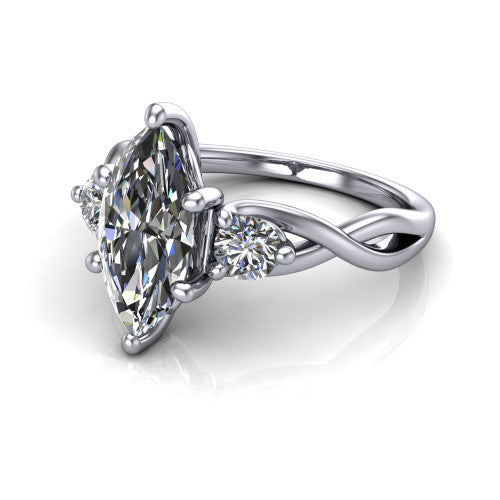 Lydia marquise three stone engagement ring in Platinum, three-quarter perspective showing the brilliant marquise center diamond flanked by two round side diamonds on a woven infinity shank