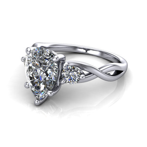 Lydia pear three stone engagement ring in 18K White Gold, three-quarter perspective showing the brilliant pear-cut center diamond flanked by two round side diamonds on a woven infinity shank