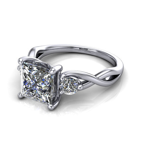 Lydia princess three stone engagement ring in Platinum, three-quarter perspective showing the brilliant princess-cut center diamond flanked by two round side diamonds on a woven infinity shank
