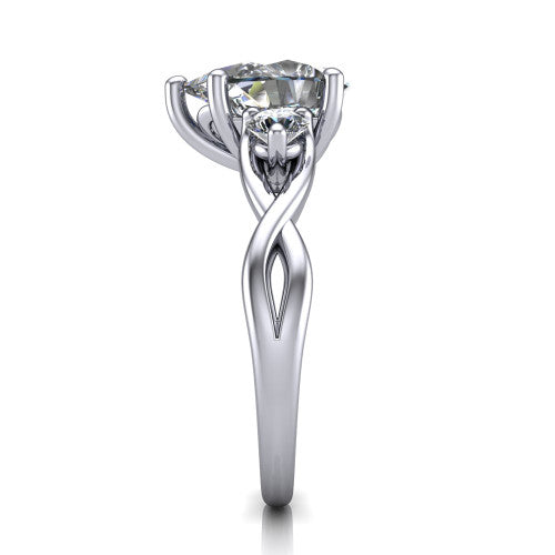 Lydia pear three stone engagement ring in 14K White Gold, side profile showing the round side diamonds, floral gallery, and woven infinity shank