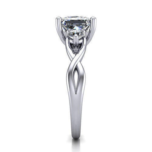 Lydia princess three stone engagement ring in 14K White Gold, side profile showing the round side diamonds, floral gallery, and woven infinity shank