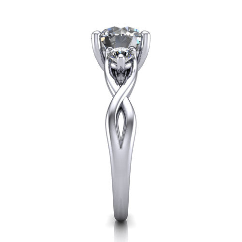Lydia round three stone engagement ring in 14K White Gold, side profile showing the round side diamonds, floral gallery, and woven infinity shank