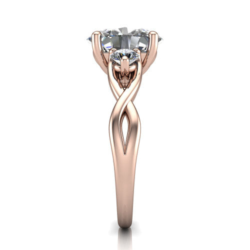 Lydia oval three stone engagement ring in 14K Rose Gold, side profile showing the round side diamonds, floral gallery, and woven infinity shank