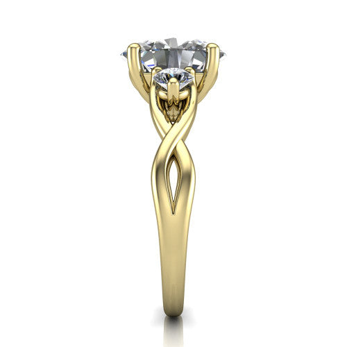 Lydia oval three stone engagement ring in 18K Yellow Gold, side profile showing the round side diamonds, floral gallery, and woven infinity shank