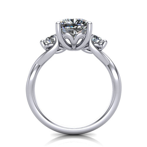 Lydia cushion three stone engagement ring in Platinum, through-finger front profile showing the three-stone head, floral filigree under-gallery, and woven shank