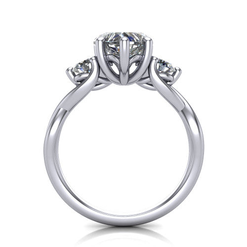 Lydia heart three stone engagement ring in 14K White Gold, through-finger front profile showing the three-stone head, floral filigree under-gallery, and woven shank