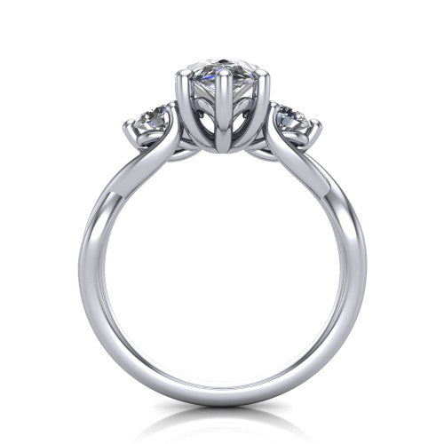 Lydia pear three stone engagement ring in 14K White Gold, through-finger front profile showing the three-stone head, floral filigree under-gallery, and woven shank