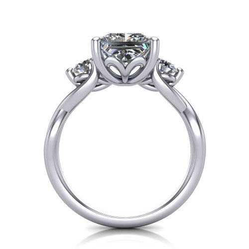 Lydia princess three stone engagement ring in 18K White Gold, through-finger front profile showing the three-stone head, floral filigree under-gallery, and woven shank