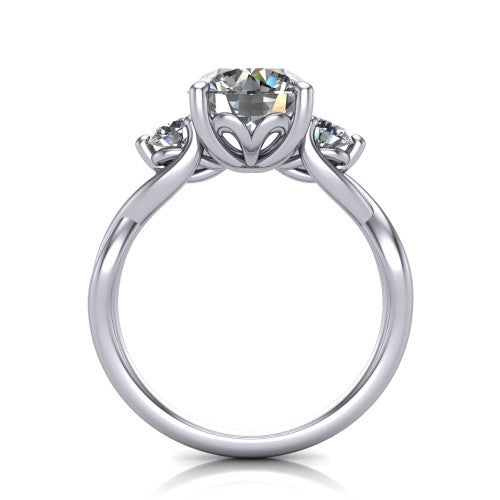 Lydia round three stone engagement ring in 18K White Gold, through-finger front profile showing the three-stone head, floral filigree under-gallery, and woven shank