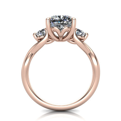 Lydia cushion three stone engagement ring in 18K Rose Gold, through-finger front profile showing the three-stone head, floral filigree under-gallery, and woven shank