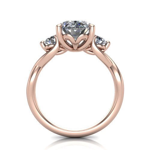 Lydia oval three stone engagement ring in 14K Rose Gold, through-finger front profile showing the three-stone head, floral filigree under-gallery, and woven shank