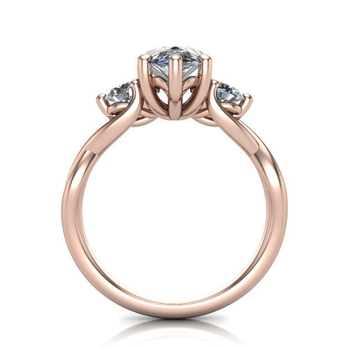 Lydia pear three stone engagement ring in 14K Rose Gold, through-finger front profile showing the three-stone head, floral filigree under-gallery, and woven shank