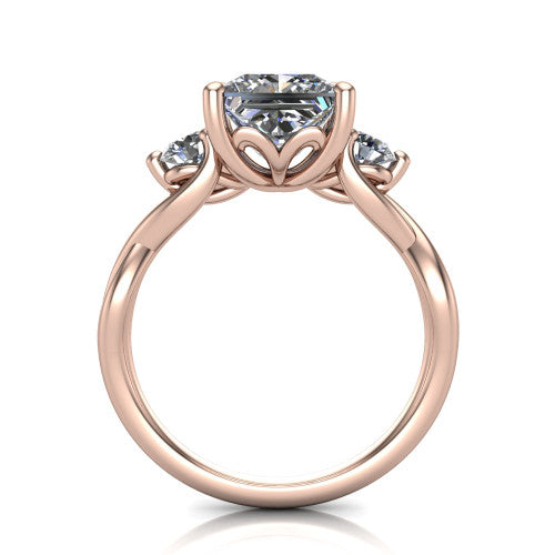 Lydia princess three stone engagement ring in 18K Rose Gold, through-finger front profile showing the three-stone head, floral filigree under-gallery, and woven shank