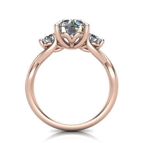 Lydia round three stone engagement ring in 18K Rose Gold, through-finger front profile showing the three-stone head, floral filigree under-gallery, and woven shank